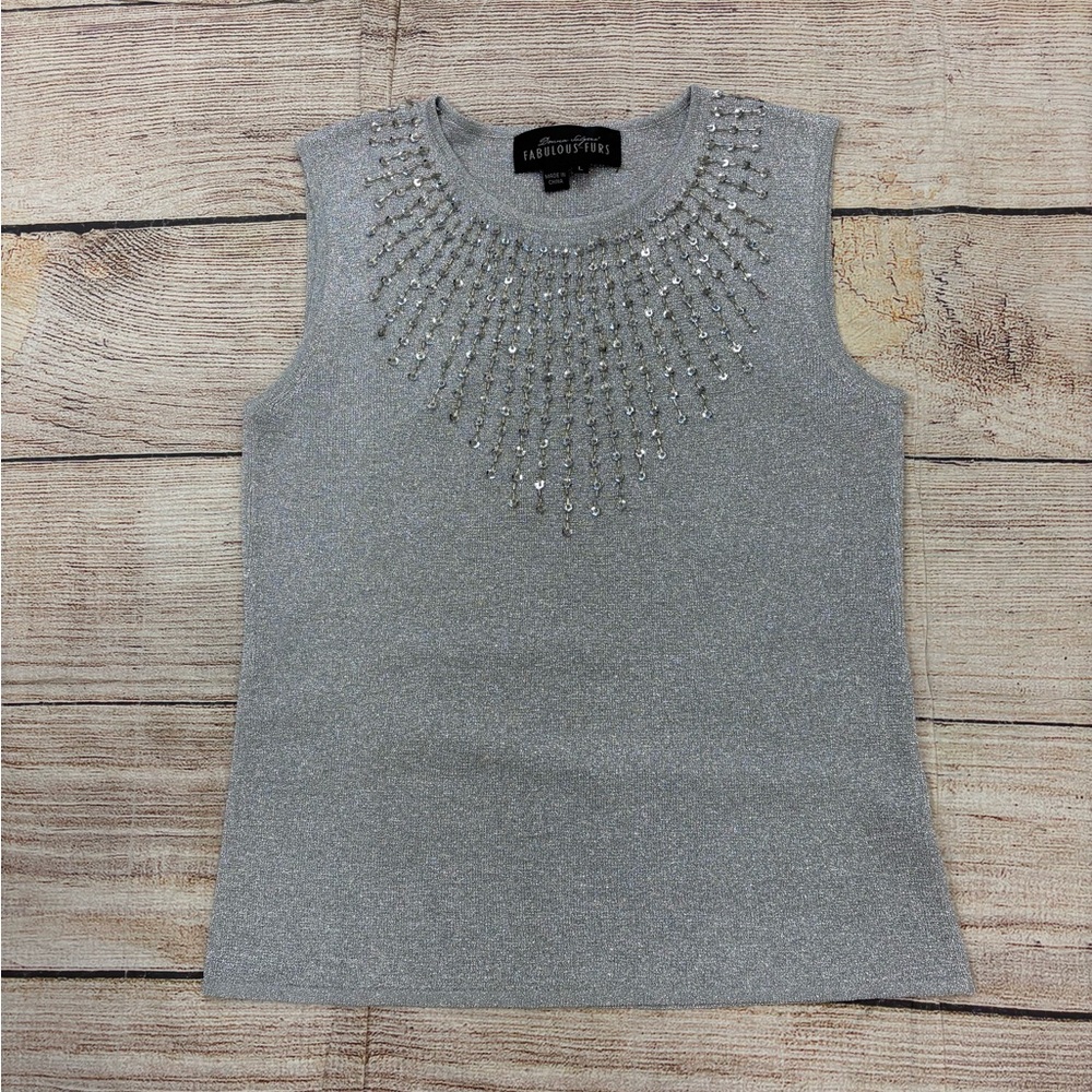 😍 Fabulous furs Silver metallic Embellished Tank Top size Large